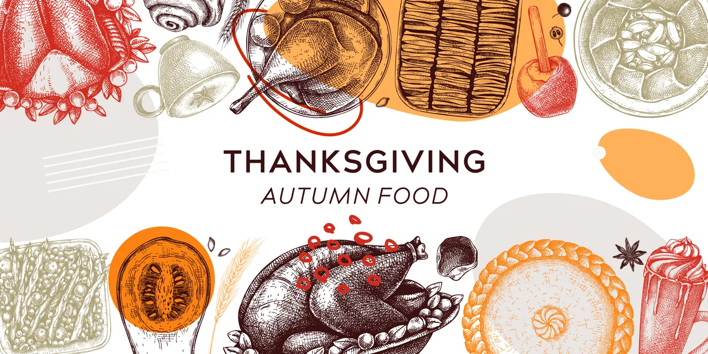 Thanksgiving dinner collage. Fall food and drinks trendy frame design. Vintage  turkey, vegetables, pies, and hot drinks sketches. Vector autumn food template. Thanksgiving background Illustration